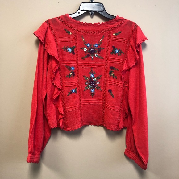 Free People Tops - Free People coral embroidered ruffle blouse size M